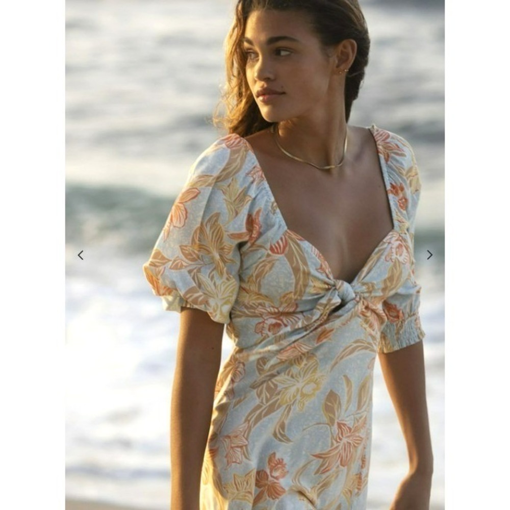Roxy Floral Puff Sleeve Tie‎ Front Midi Dress Womens XS Coastal Beachy Feminine